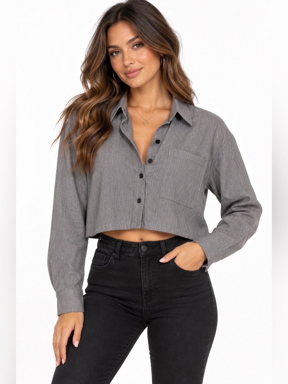 Fashion Nova Gray Cropped Button-Down Top